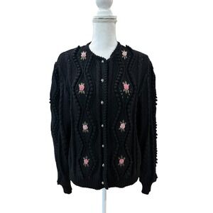 Lanamoden Salzburg Black Rose Embroidered Cardigan Sweater Women Made in Austria